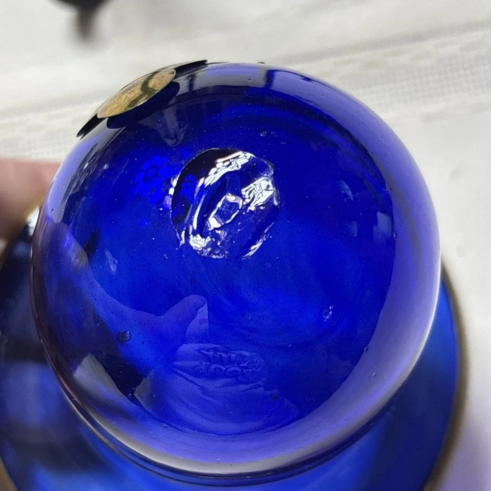 COBALT BLUE BLOWN GLASS COPPER BRASS FLOWER WROUGHT IRON VOTIVE CANDLE HOLDER